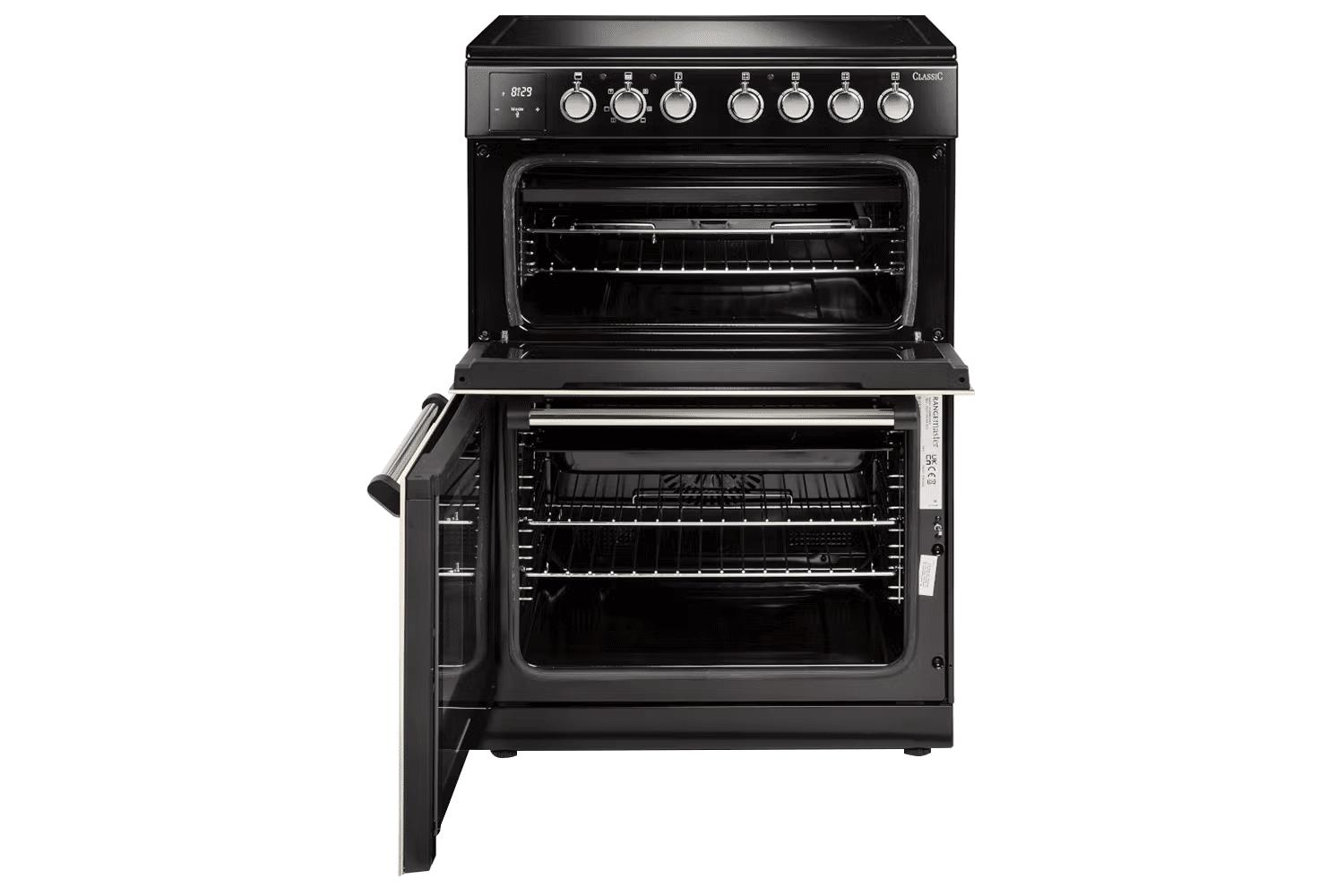 Rangemaster Classic 60cm Induction Cooker Black & Chrome with Slow Cook, Oven Light, Rotary Control, Easy Clean Enamel, 4 Burners, Digital Display, Double Oven, Chrome Handles