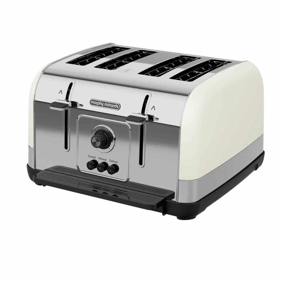 Morphy Richards 4 Slice Toaster Cream - Defrost, Reheat, Variable Browning, Cancel, High-Lift, Removable Crumb Tray, Cord Tidy, 1800W, Stainless Steel