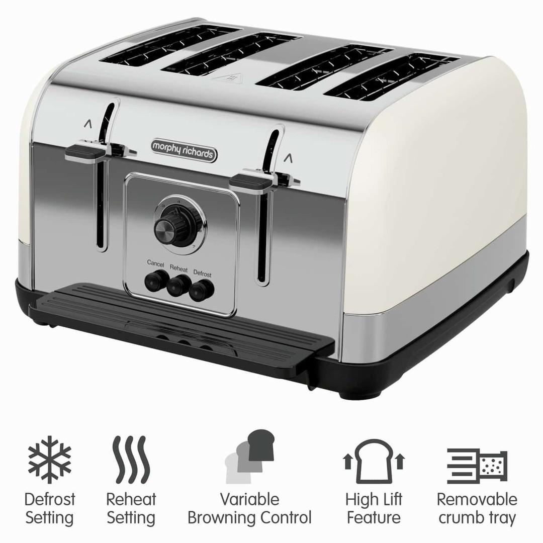 Morphy Richards 4 Slice Toaster Cream - Defrost, Reheat, Variable Browning, Cancel, High-Lift, Removable Crumb Tray, Cord Tidy, 1800W, Stainless Steel