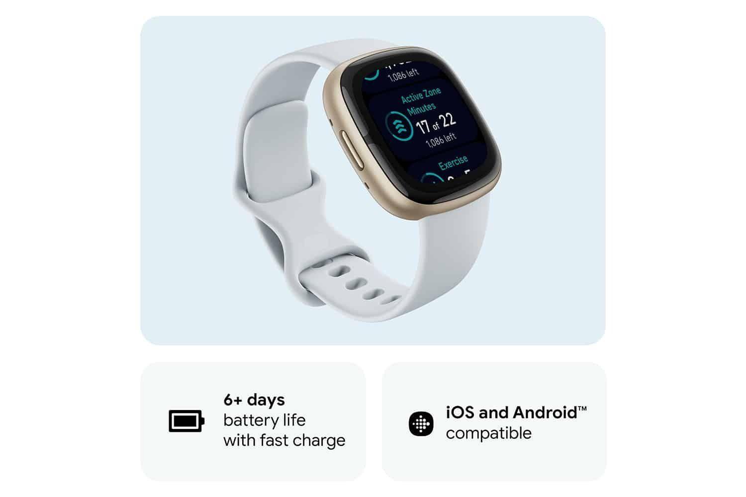 Fitbit Sense 2 Smartwatch | Blue Mist & Soft Gold | Heart Rate, GPS, Sleep | White Band, Gold Bezel, Digital Display