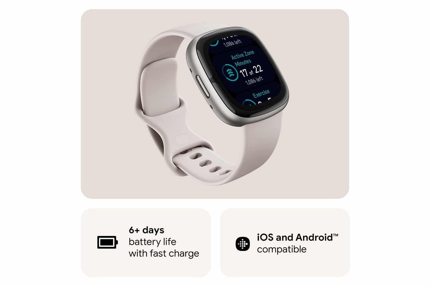 Fitbit Sense 2 Smartwatch Lunar White & Platinum, Sleep Profile, GPS, ECG, Health Metrics, Premium