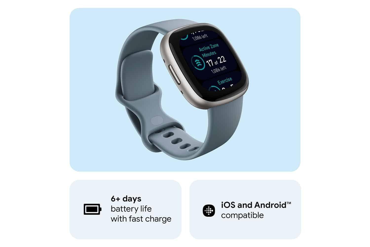 Fitbit Versa 4 Smartwatch Waterfall Blue, Heart Rate Tracking, GPS, Notifications, Touchscreen