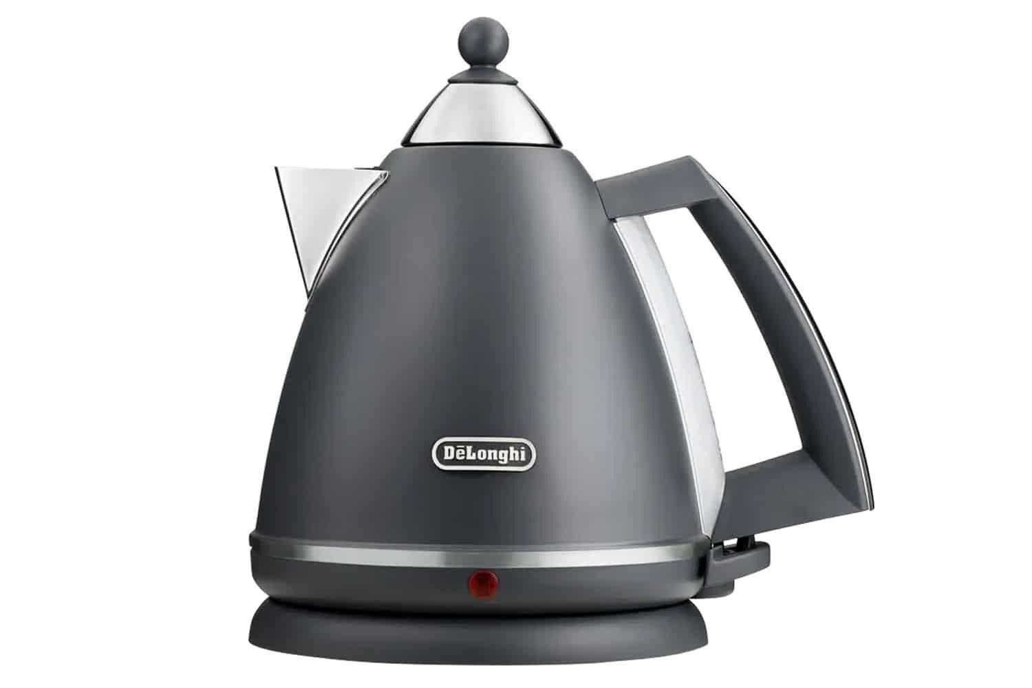 De'Longhi Argento Silva 1.7L Electric Kettle - Grey with Handle, Base, Lid, Stainless Steel, Red Button