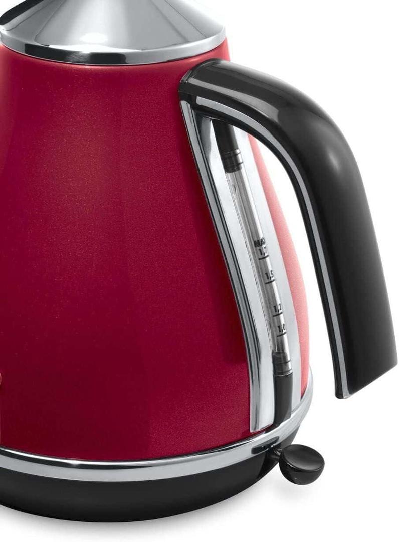 De'Longhi Red Kettle 1.7L Micalite 360° Swivel Base Removable Filter