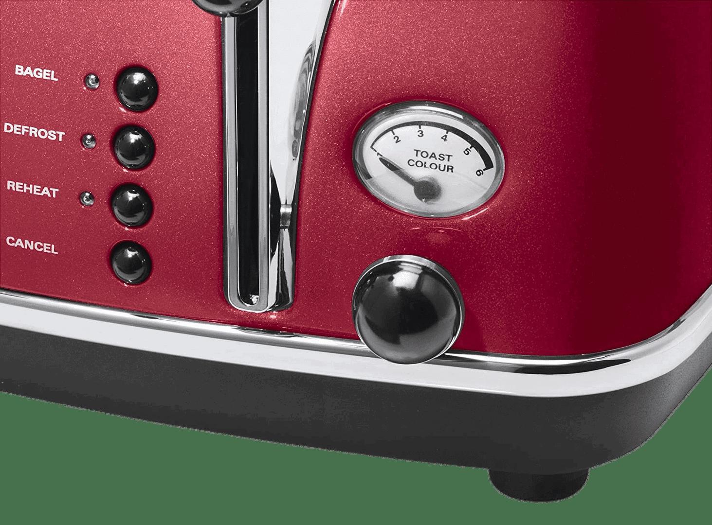 De'Longhi Icona Micalite 4 Slice Toaster Red with Bagel, Defrost, Reheat, Cancel, Toast Colour