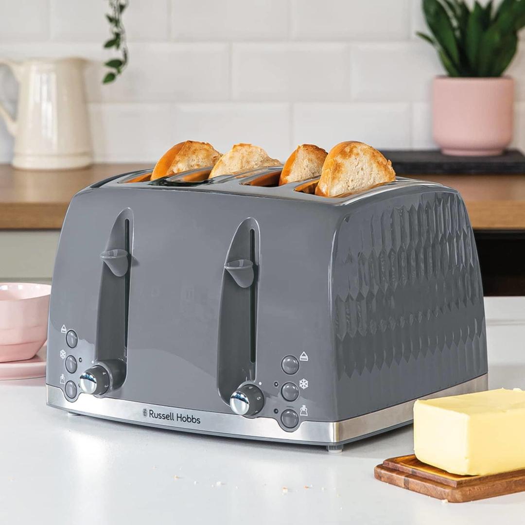 Russell Hobbs Honeycomb 1500W 4 Slice Toaster - Grey | Textured Design, High Lift, Removable Crumb Tray, Extra Wide Slots, Bun Warmer, Frozen, Cancel, Reheat Functions