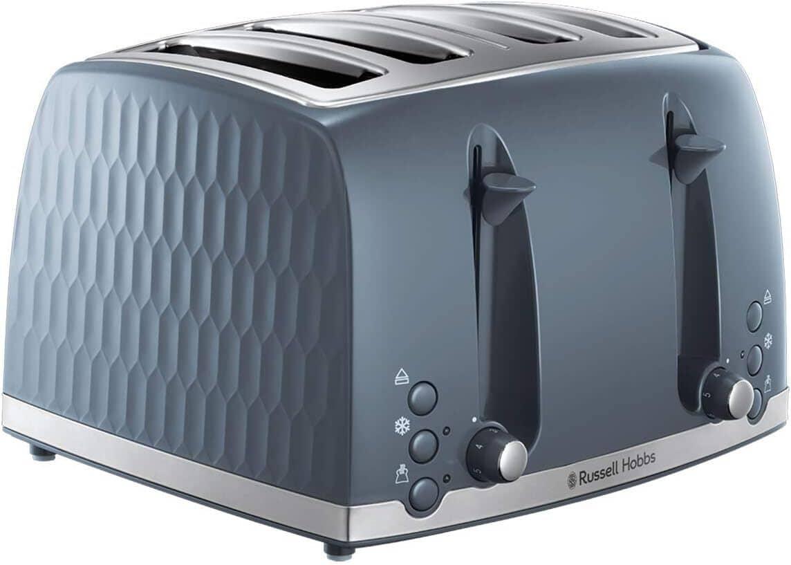 Russell Hobbs Honeycomb 1500W 4 Slice Toaster - Grey | Textured Design, High Lift, Removable Crumb Tray, Extra Wide Slots, Bun Warmer, Frozen, Cancel, Reheat Functions