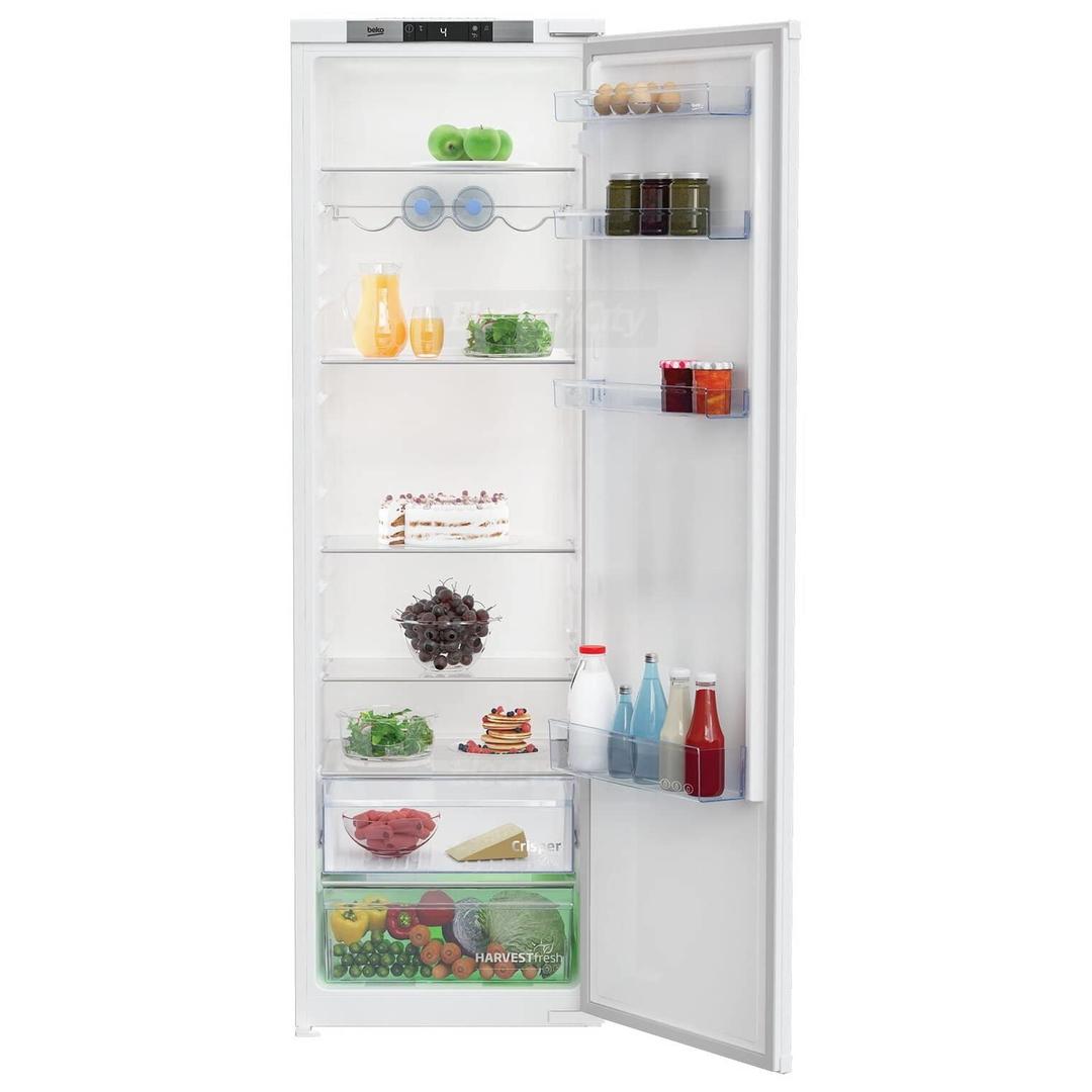 Beko 54cm Built-In Tall Larder Fridge - White | 177.5cm H x 54cm W x 54.5cm D | 309L | HarvestFresh™, Holiday Mode, Quick Cool, Crisper, Wine Rack | Eggs, Jars, Juice, Salad, Cake, Cherries, Cheese, Veggies, Bottles