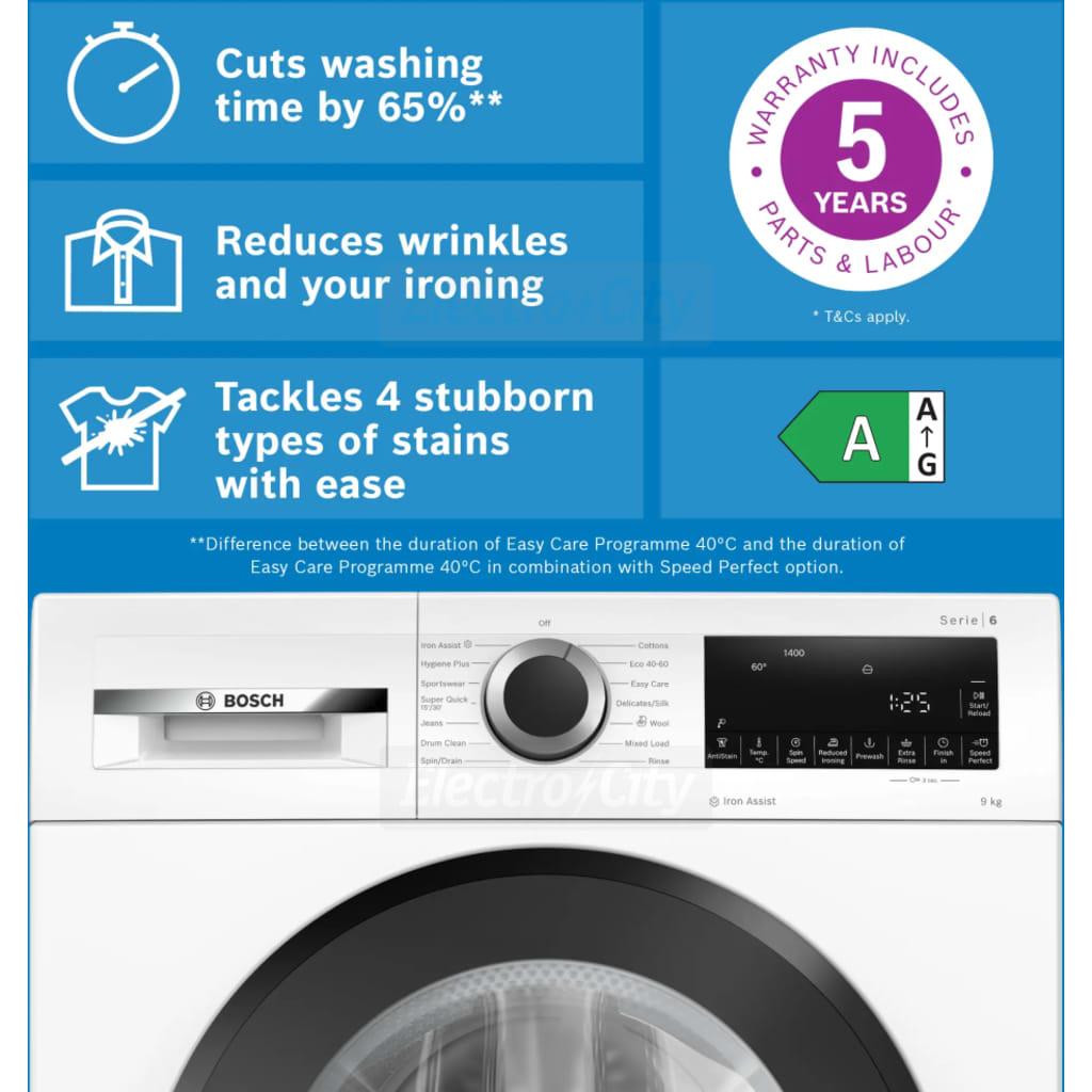 Bosch Series 6 Washing Machine 9kg 1400 Spin White - Eco 40-60, Hygiene Plus, Super Quick
