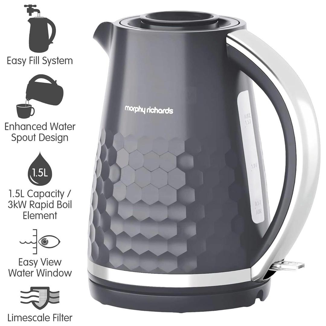 Morphy Richards Hive Grey 1.5L Kettle | 3000W | Honeycomb Pattern, Water Level Indicator, Spout, Handle