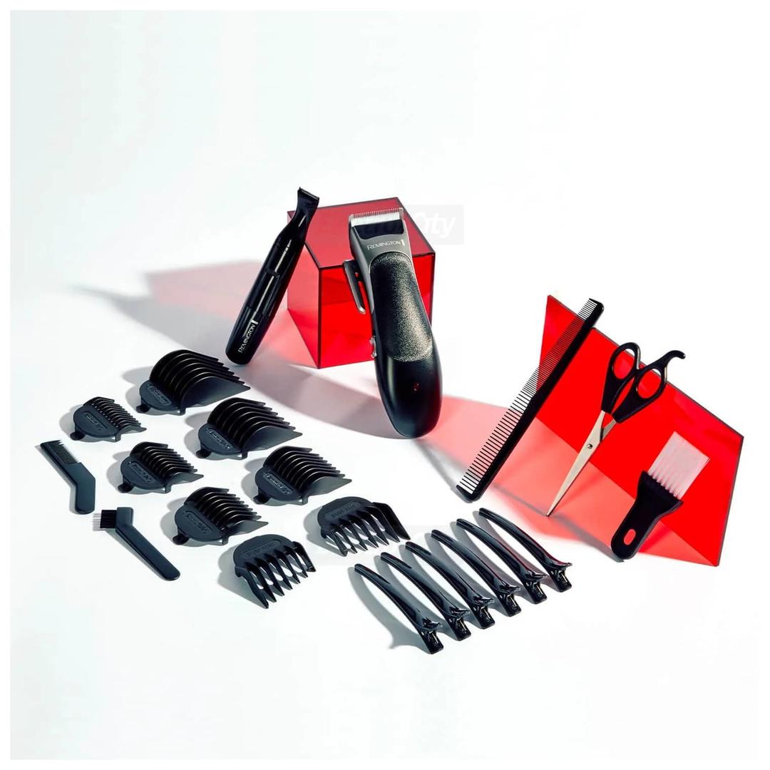 Remington Hair Clipper Set | 25-Piece Kit, Self-Sharpening Blades, Scissors, Combs, Trimmer, Taper Lever, Up to 40 mins Usage Time, 3 Year Guarantee