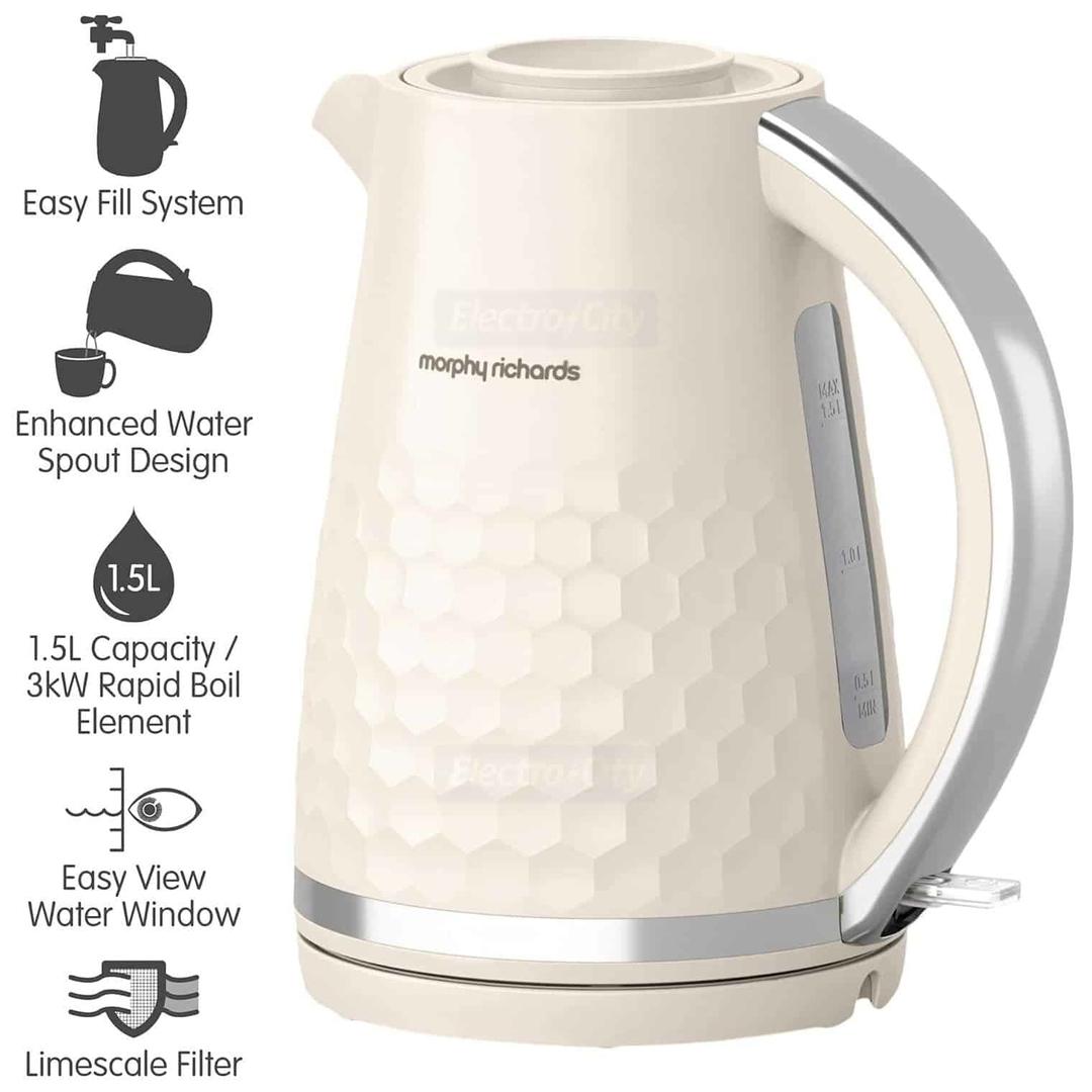 Morphy Richards Hive Cream 1.5L Electric Kettle | 3000W | Easy Fill, Water Window, Limescale Filter, 360 Base, Cord Tidy, Hexagonal Pattern, Silver Handle