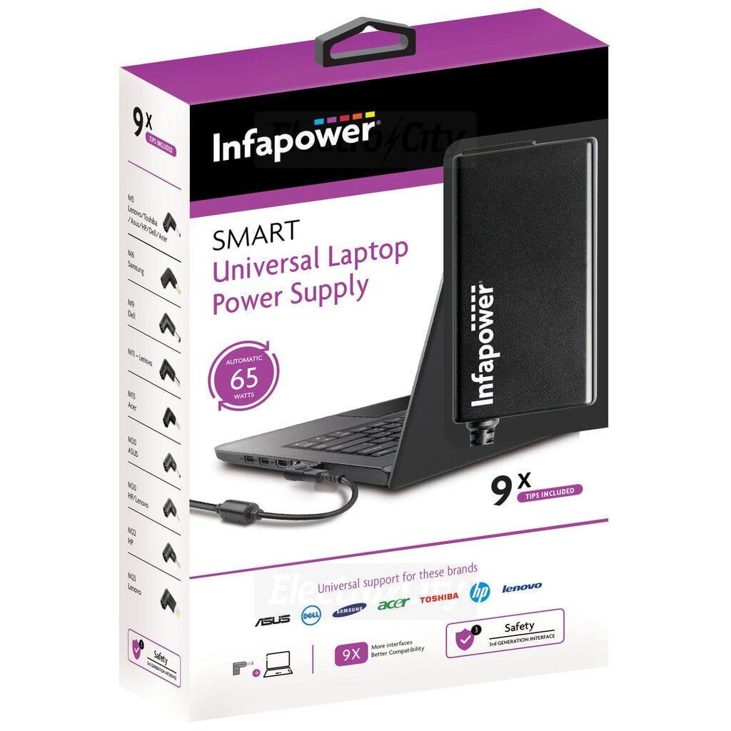 Infapower Universal Laptop Charger 65W Black - 9X Tips Included, SMART, Safety, Compatible with Lenovo, Dell, Samsung, Acer, Toshiba, HP, VAIO, LG, ASUS