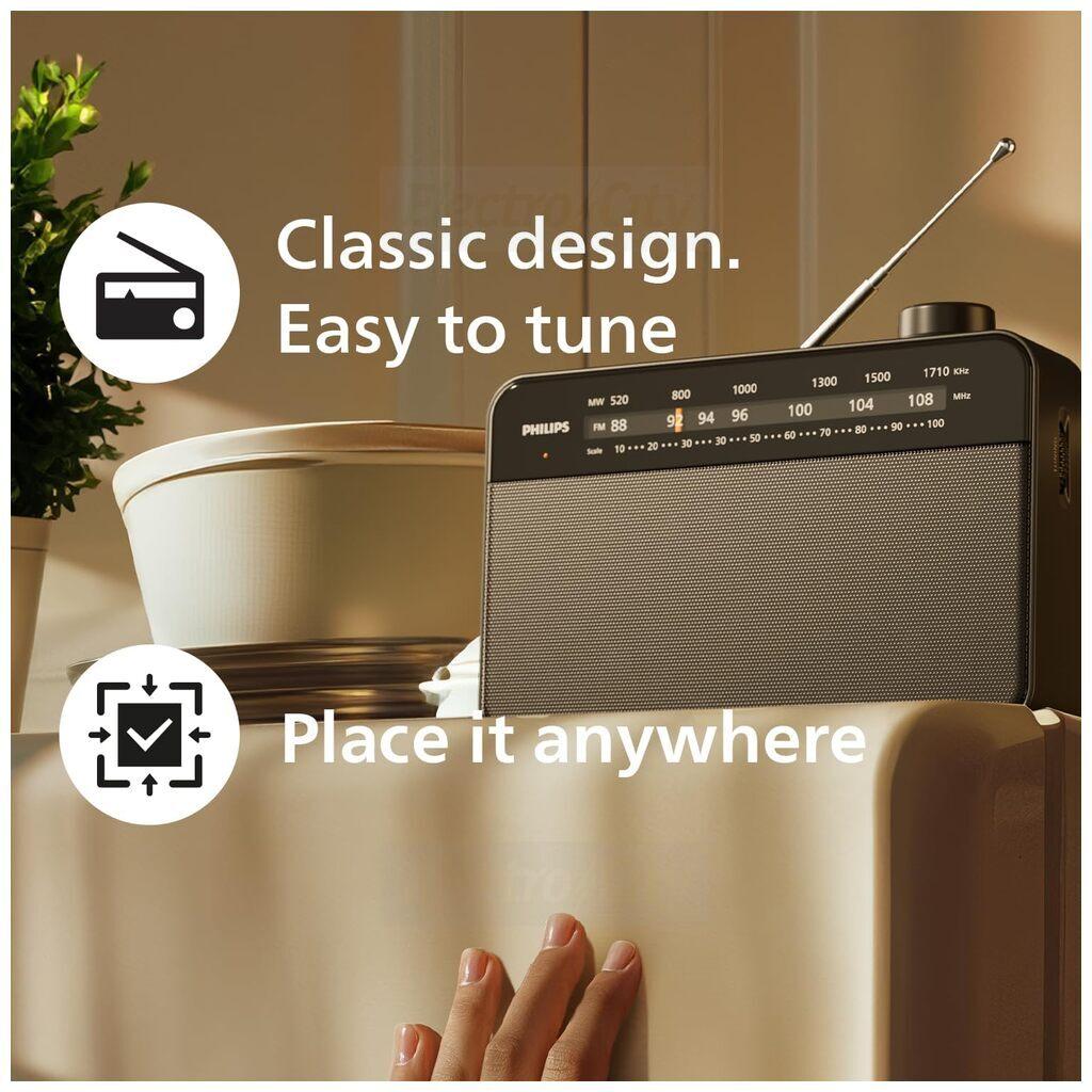 Philips TAR2509 Portable FM/MW Radio Black - Analogue Tuning, LED Indicator, Headphone Port, Antenna, Speaker