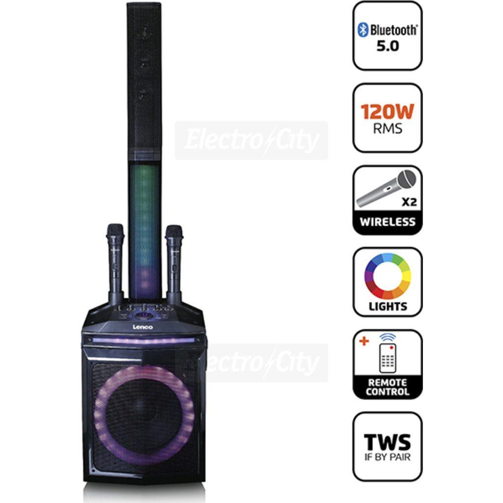 Lenco Bluetooth Party Speaker with Wireless Microphones, Subwoofer, Detachable Tweeter Column, FM Radio, USB, Black
