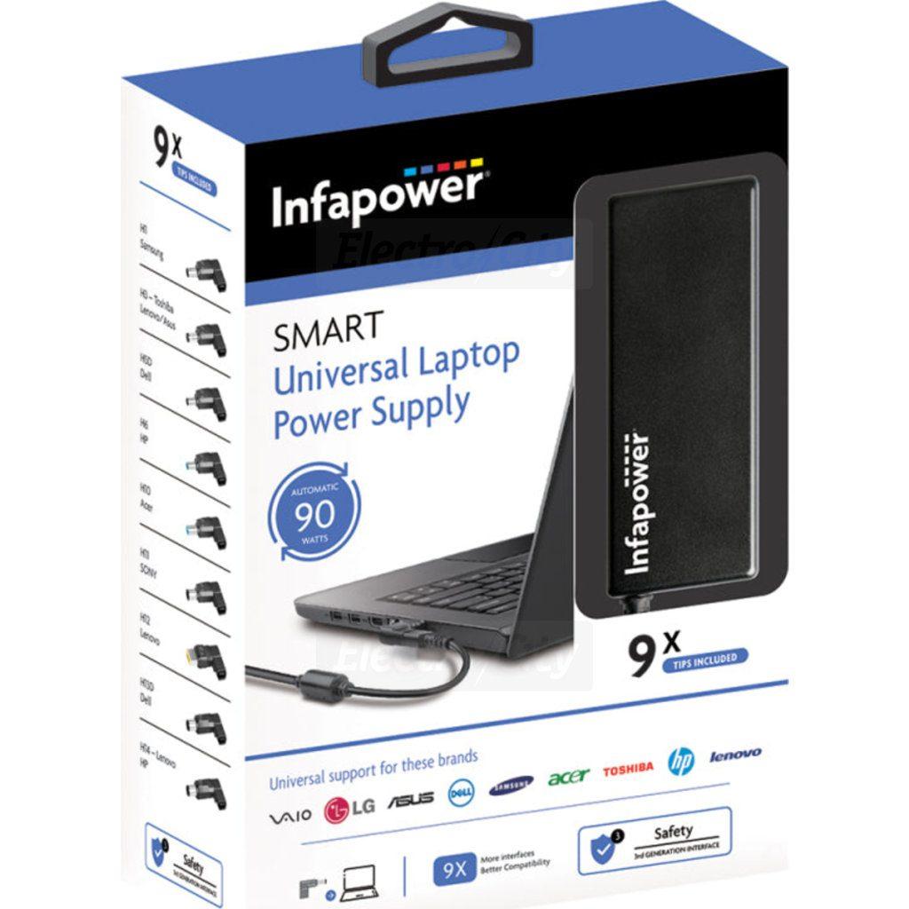 Infapower 90W Black Universal Laptop Power Supply with USB Charging, 9 Tips Included, Automatic Voltage, Short Circuit & Overload Protection