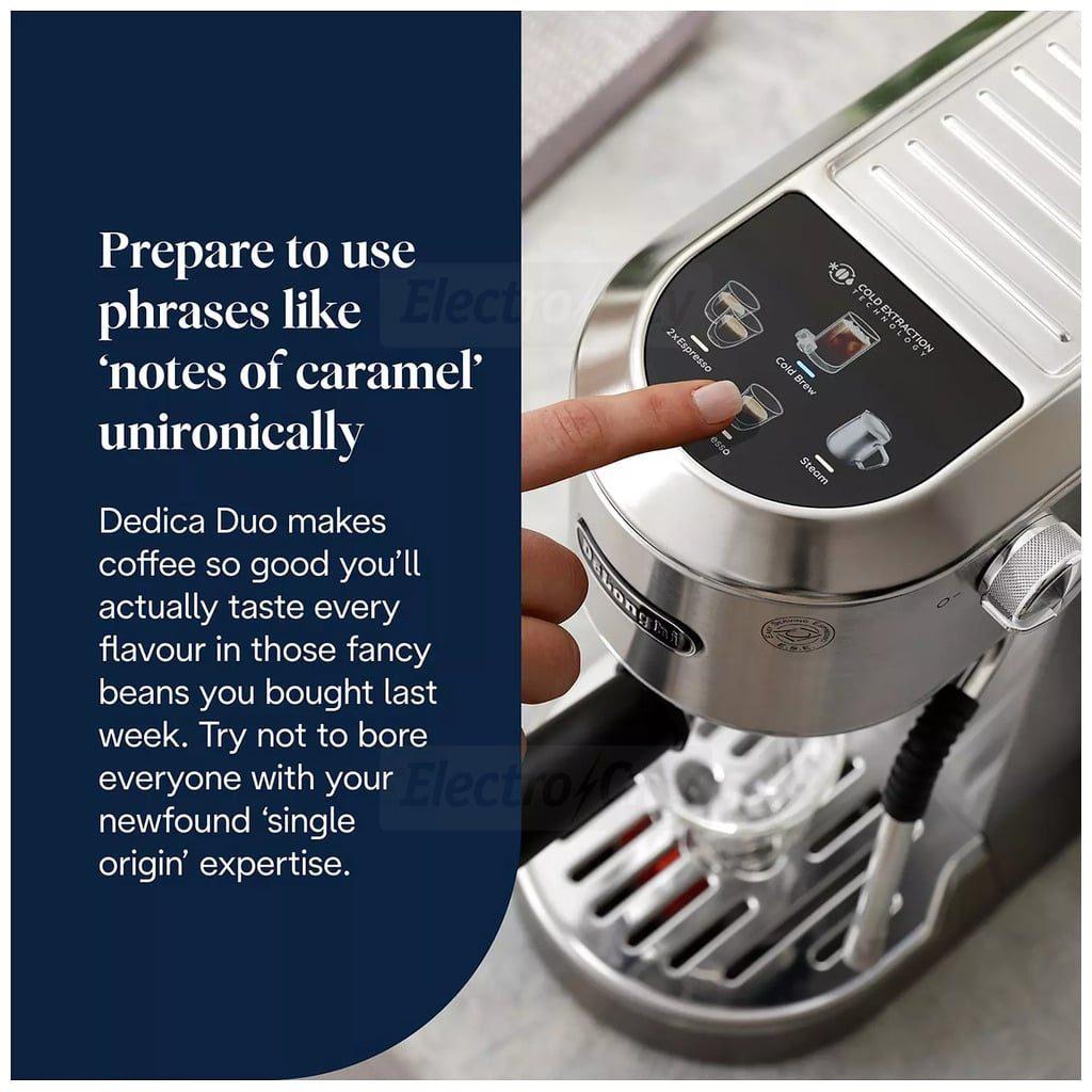 Delonghi Dedica Duo Espresso Coffee Machine with Cold Brew & Advanced Milk Steam Wand | Stainless Steel | 15cm Wide | 15-bar Pump Pressure