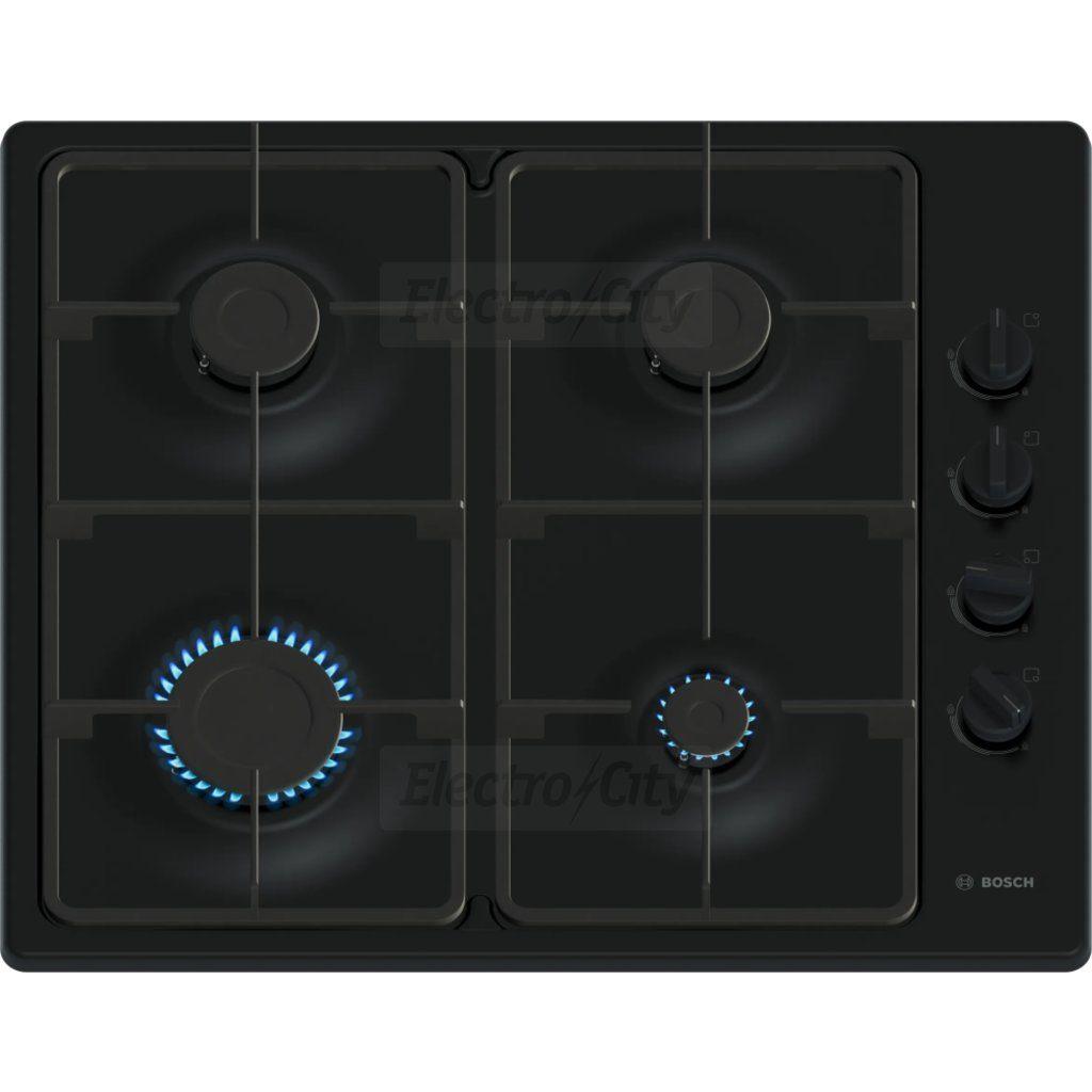 Bosch Series 2 60cm 4 Zone Gas Hob Black Enamel with Cast Iron Pan Supports Automatic Ignition Flame Failure Cut-Off