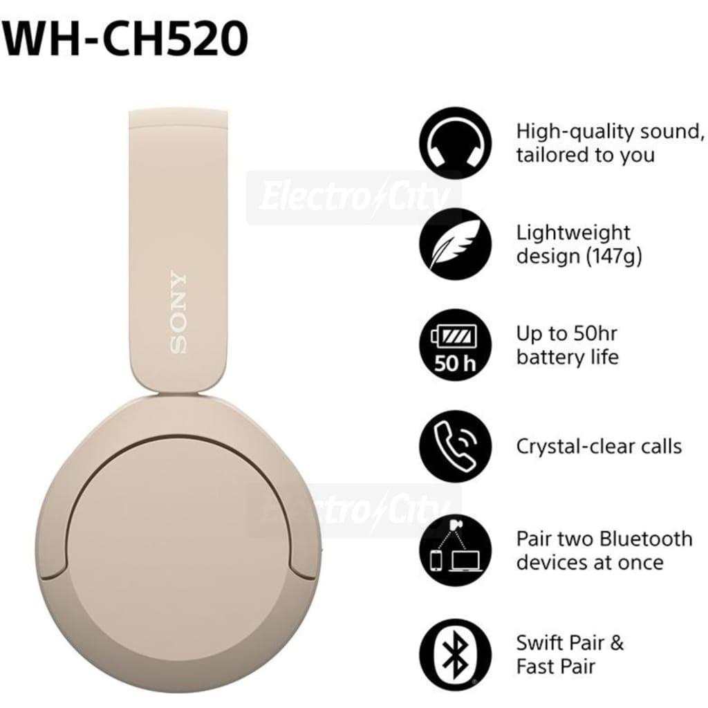 Sony WH-CH520 Wireless Bluetooth On-Ear Headphones | Beige Cream | Up to 50 Hours Battery Life | DSEE | Multipoint Connection | Lightweight | Over-Ear