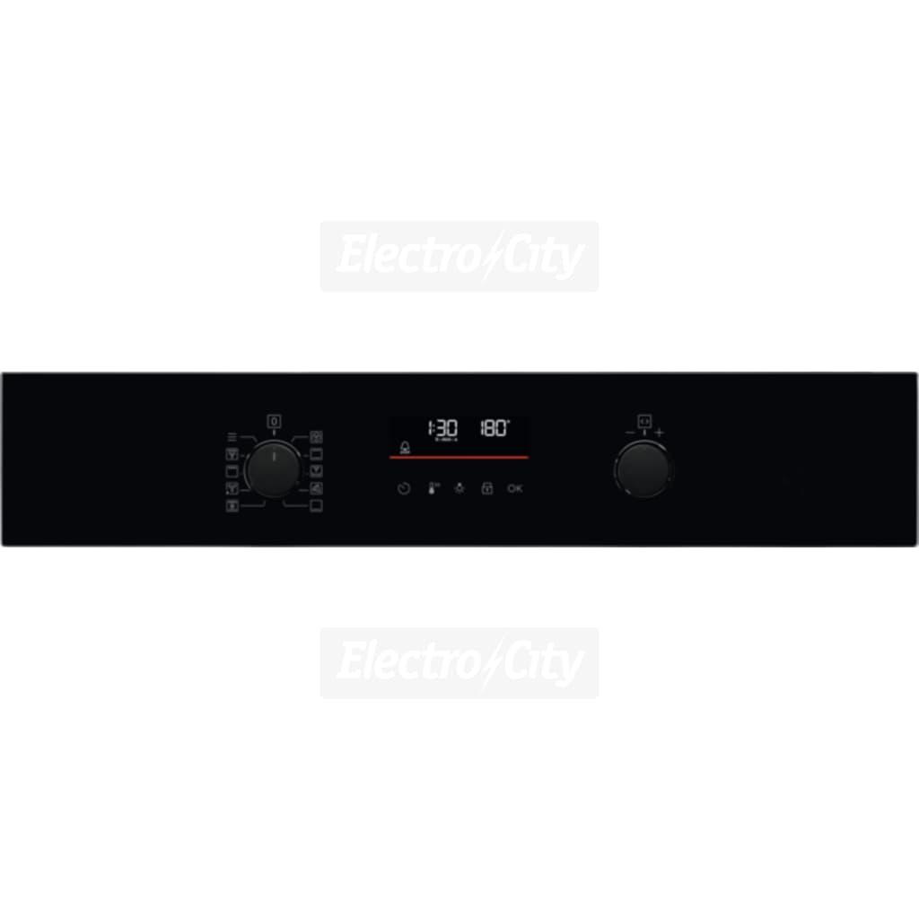 Electrolux 500 SurroundCook Built-In Single Oven 72L Black Pyrolytic Self-Cleaning Isofront Plus Triple-Glazed Retractable Controls LED Display A+ Energy Rating Fan Wire Rack with Vegetables Digital Display Control Knobs Buttons