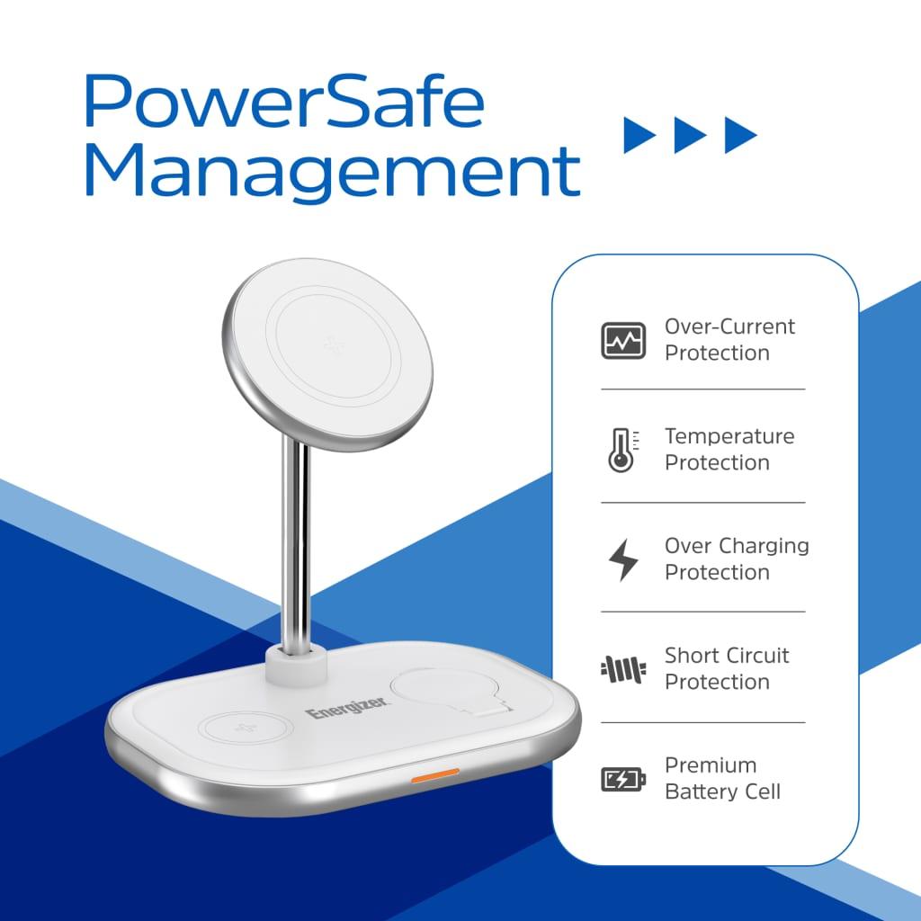 Energizer 3-in-1 Magnetic Wireless Charging Station for Smartphones, Earbuds, Watches - WCP303_WE, USB-C, Fast Charging, PowerSafe Management, White