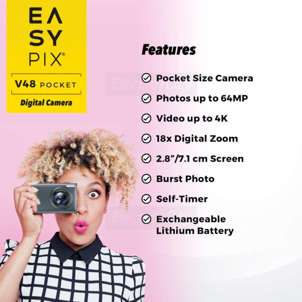 EasyPix V48 Pocket Digital Camera Anthracite 18x Digital Zoom 64MP 2.8" Screen Anti-Shake Function Lithium Battery 4K Video