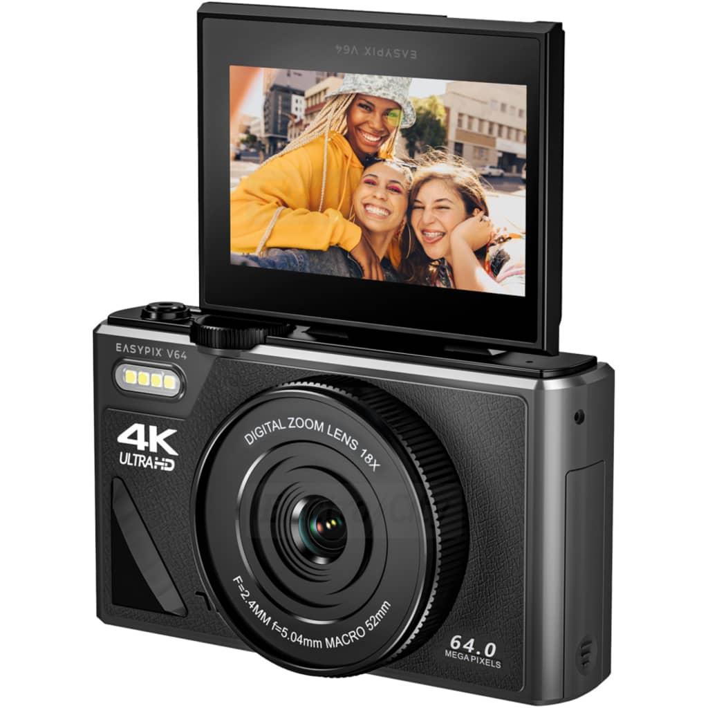 Easypix V64 Flip Digital Camera 64MP 4K Ultra HD 18X Zoom Built-in WiFi Black