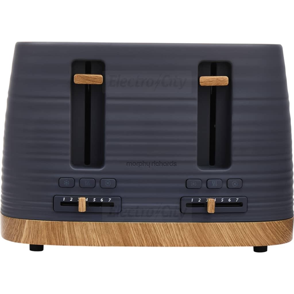 Morphy Richards Clay 4 Slice Toaster Flint Blue Grey Ripple Pattern BPA-Free Plastic with Reheat Defrost Cancel Functions Wide Slots Variable Browning Auto-Centring Automatic Pop-Up Cord Storage Removable Crumb Tray Wood-Effect Base