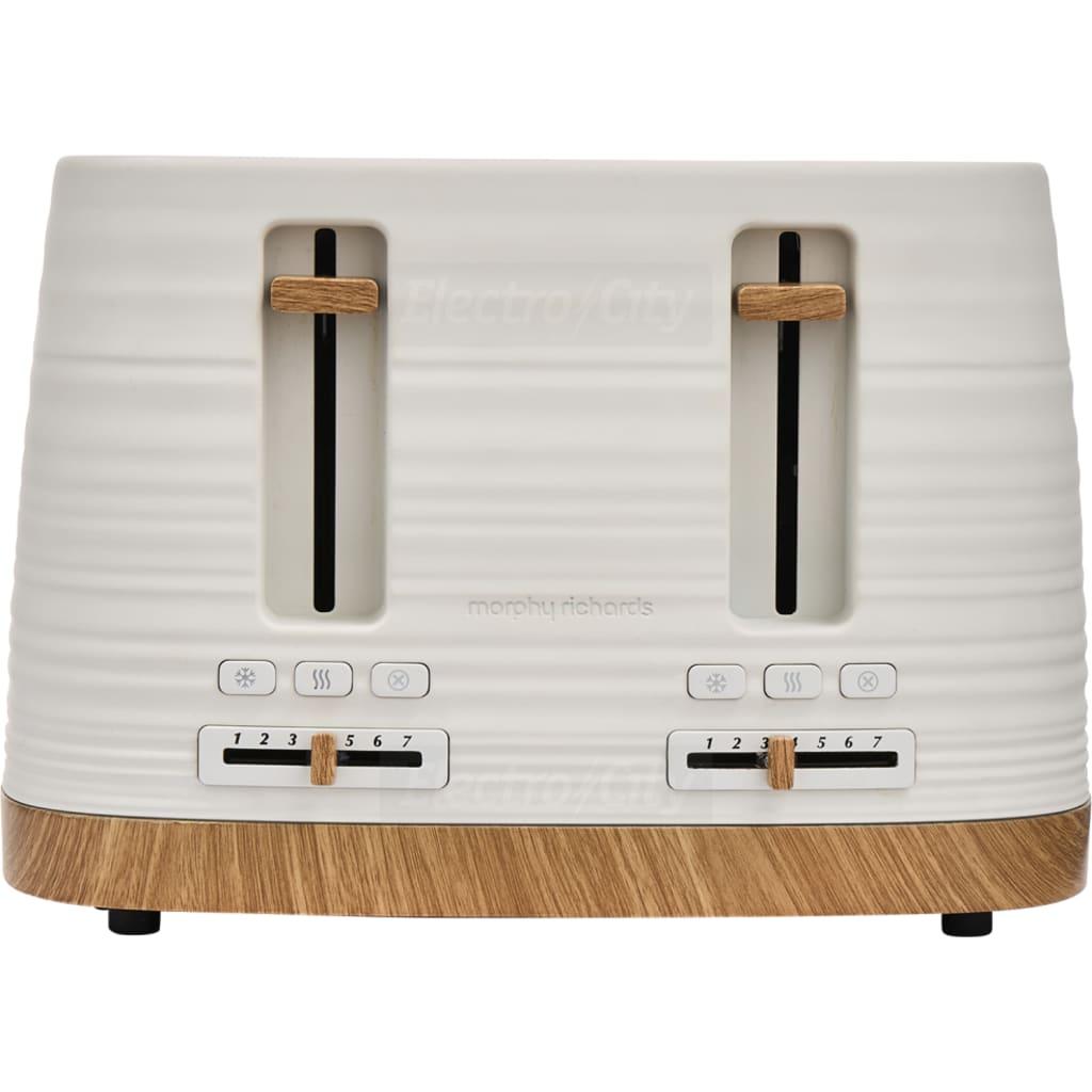Morphy Richards Clay 4 Slice Toaster White Wood-effect Ripple Pattern Reheat Defrost Cancel Removable Crumb Tray Cord Storage