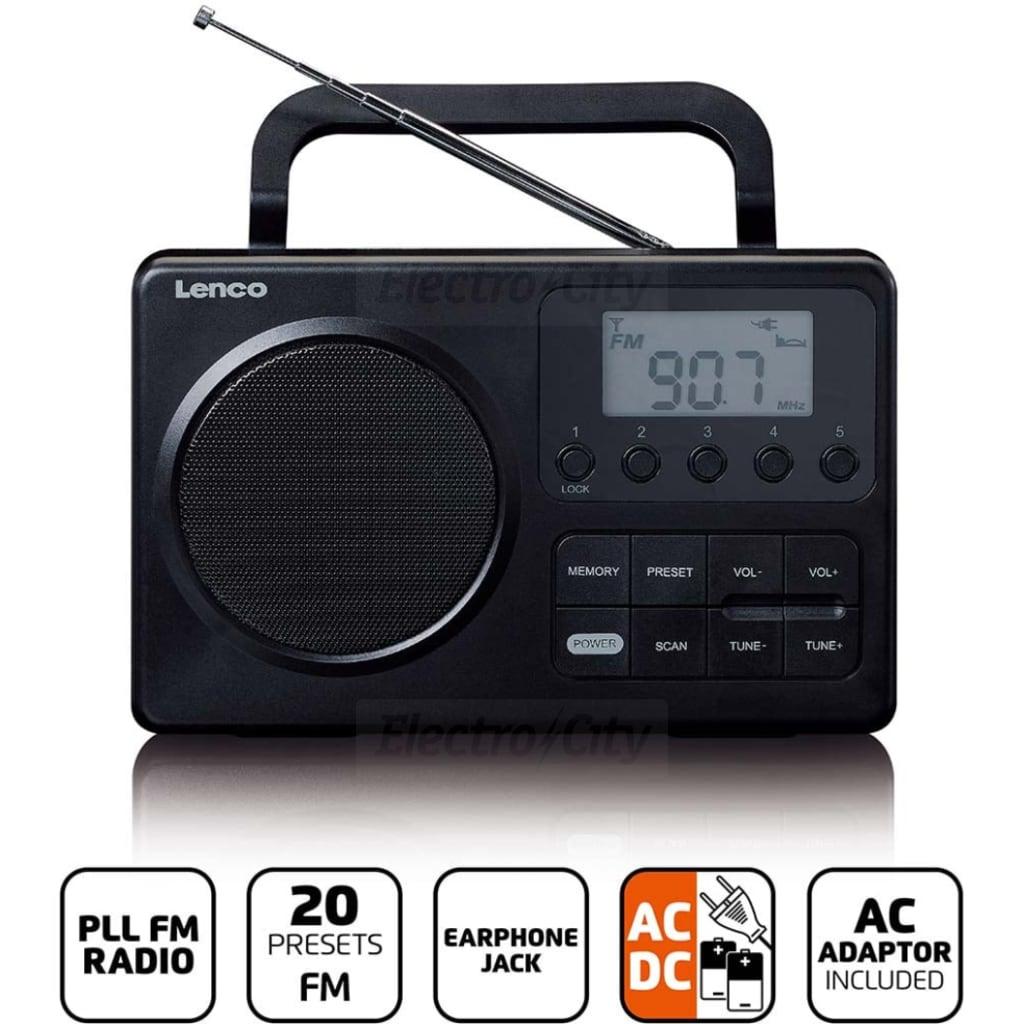 Lenco MPR-035BK-UK Black Portable FM Radio with LCD Display, 2.5-inch Screen, 20 Presets, Mains/Battery Power, 3.5mm Headphone Jack, 0.42kg