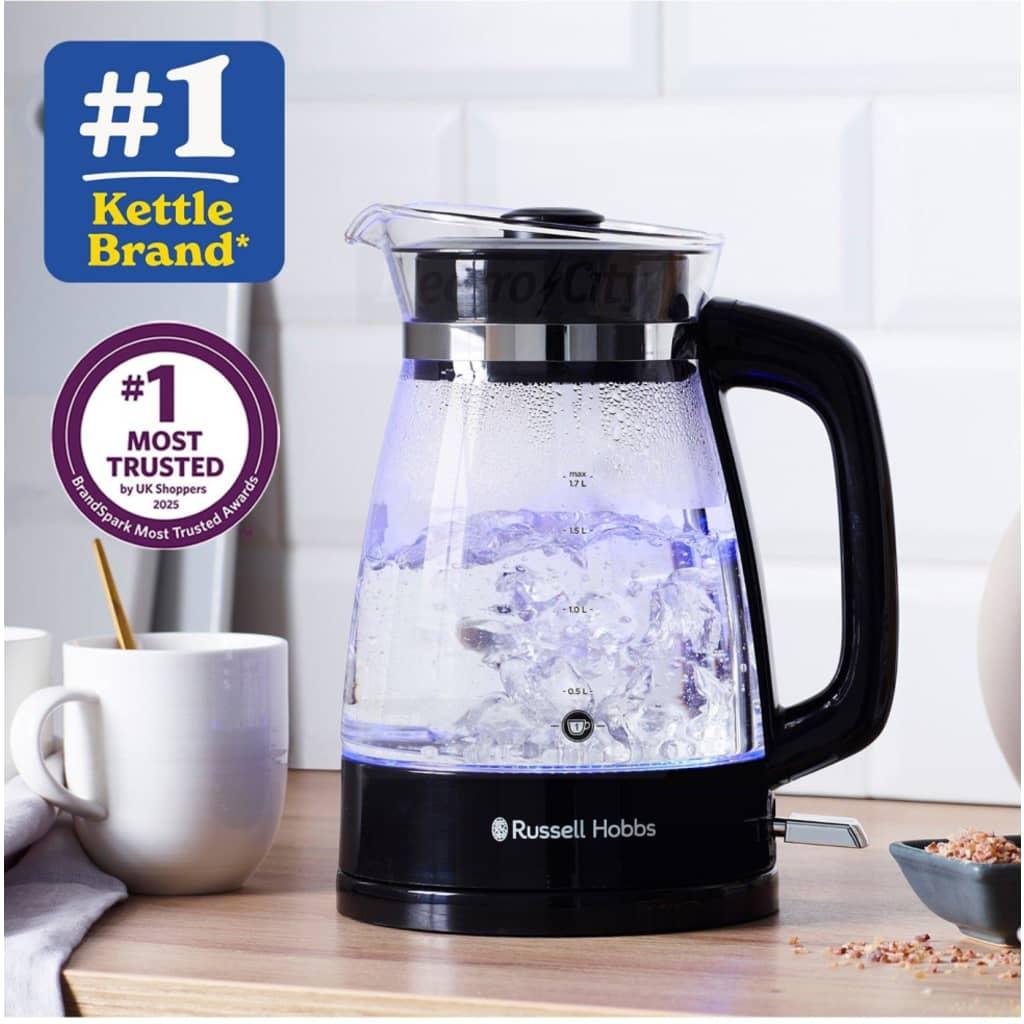 Russell Hobbs Classic Hourglass 1.7L Glass Kettle Black with Blue Illumination and Anti-scale Filter
