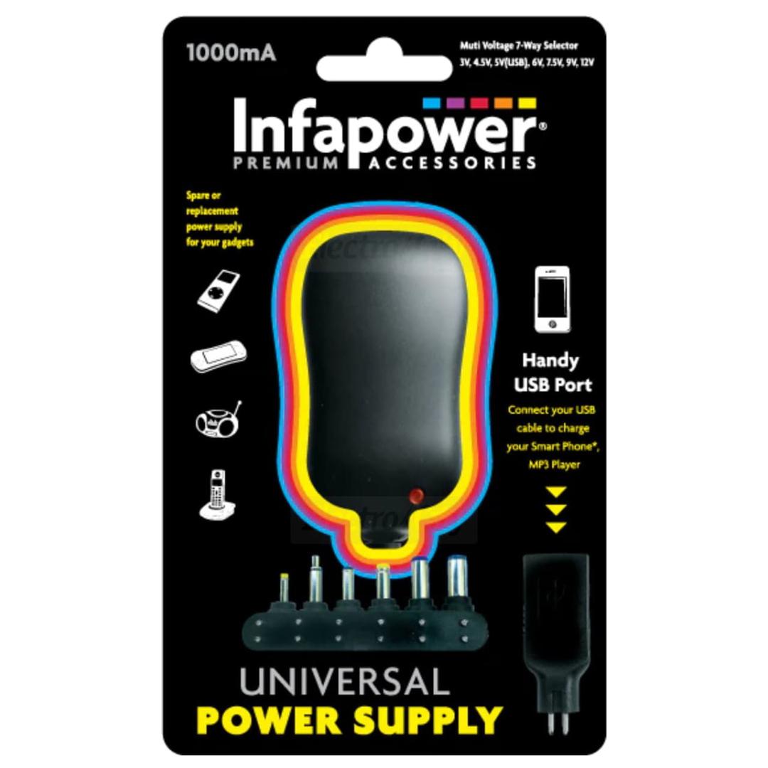 Infapower 1000mA Universal Power Supply with USB Port, 7-Way Selector (3V-12V), Overload & Short-Circuit Protection, 6 Jack Plugs