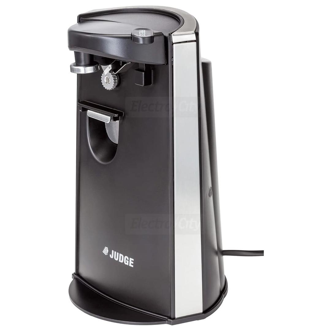 Judge 3-in-1 Electric Can Opener with Knife Sharpener & Bottle Opener - Black, 60W, Automatic, Magnet Lid Holder, Removable Arm, Stainless Steel Blade