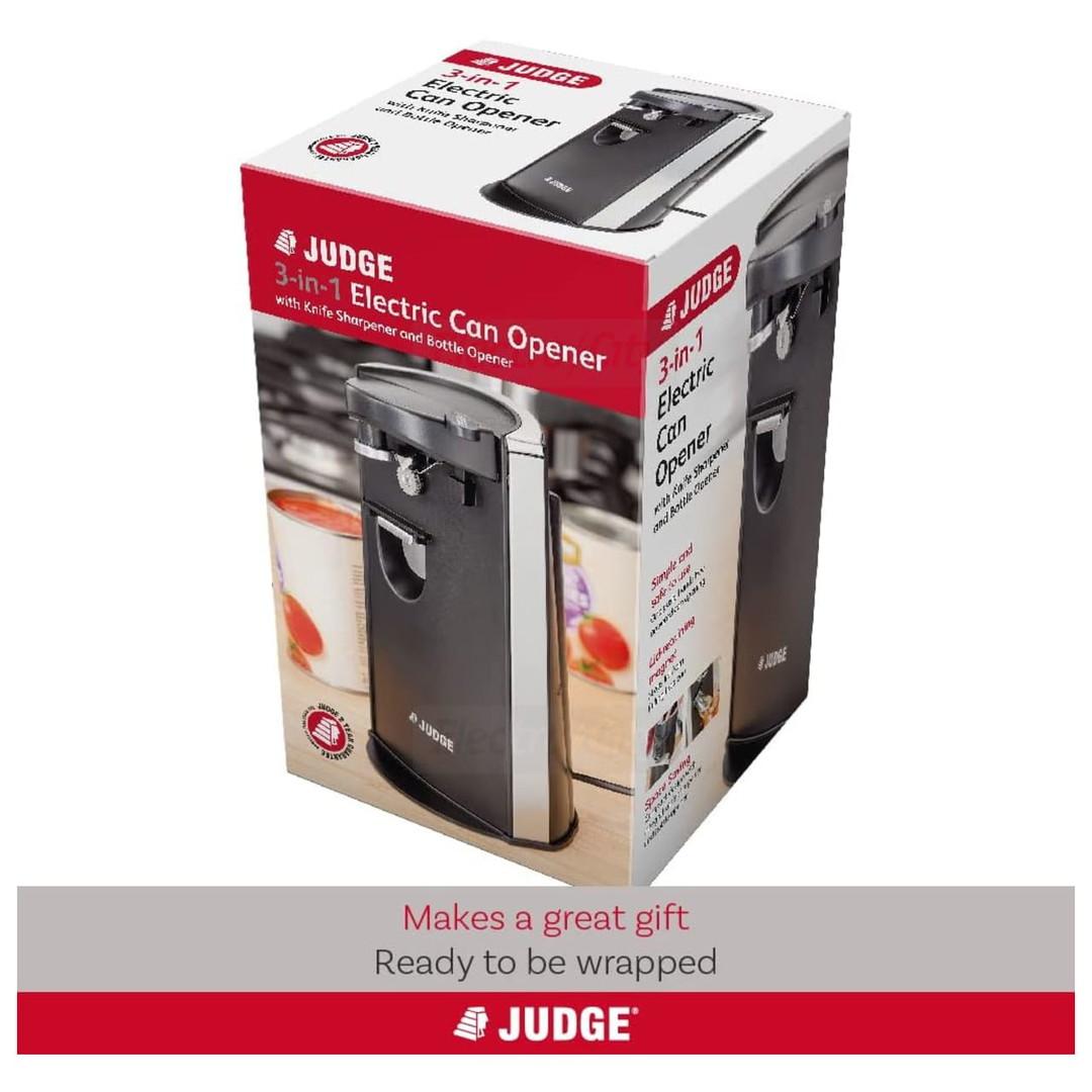 Judge 3-in-1 Electric Can Opener with Knife Sharpener & Bottle Opener - Black, 60W, Automatic, Magnet Lid Holder, Removable Arm, Stainless Steel Blade