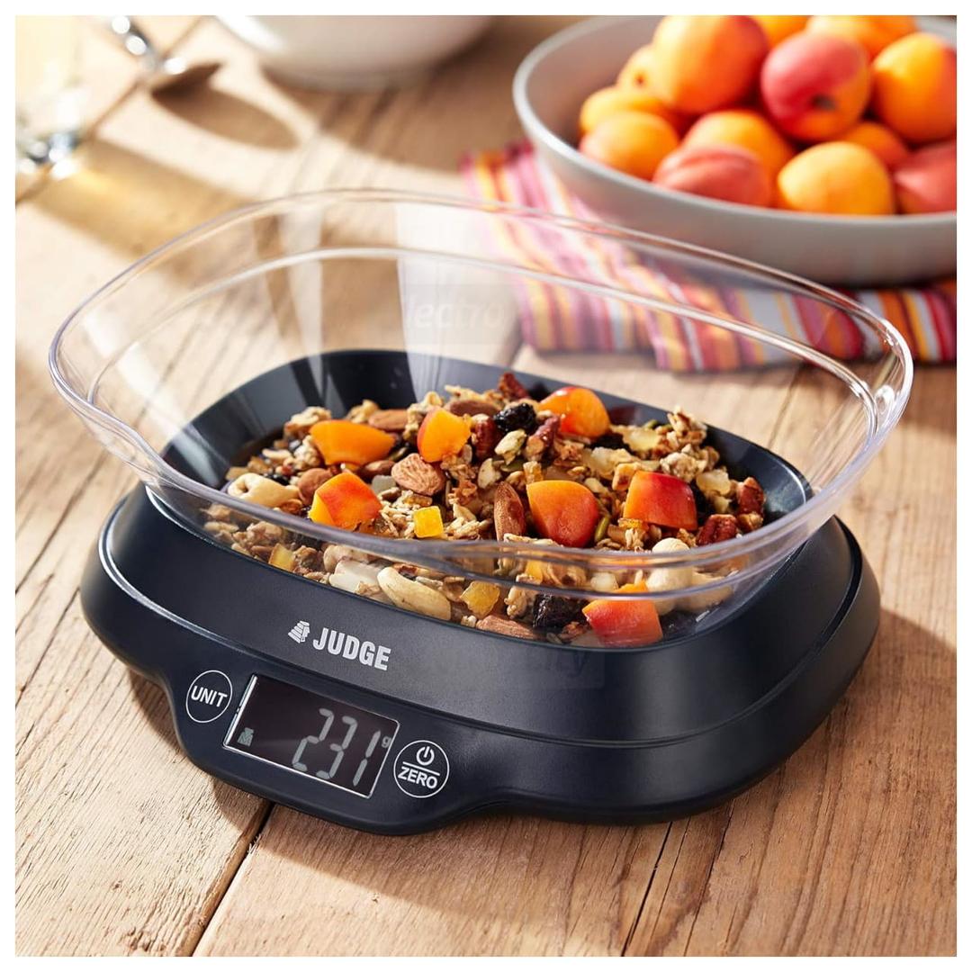 Judge 5kg Digital Bowl Scale with Weight Volume Measure Add-Weigh Function Space-Saving Design Wipe-clean Platform Display Black Plastic