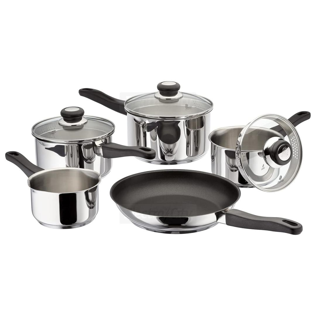 Judge Vista 5 Piece Stainless Steel Cookware Set with Non-Stick Frying Pan, Glass Lids, Induction Compatible, Oven Safe to 180°C, 25 Year Guarantee