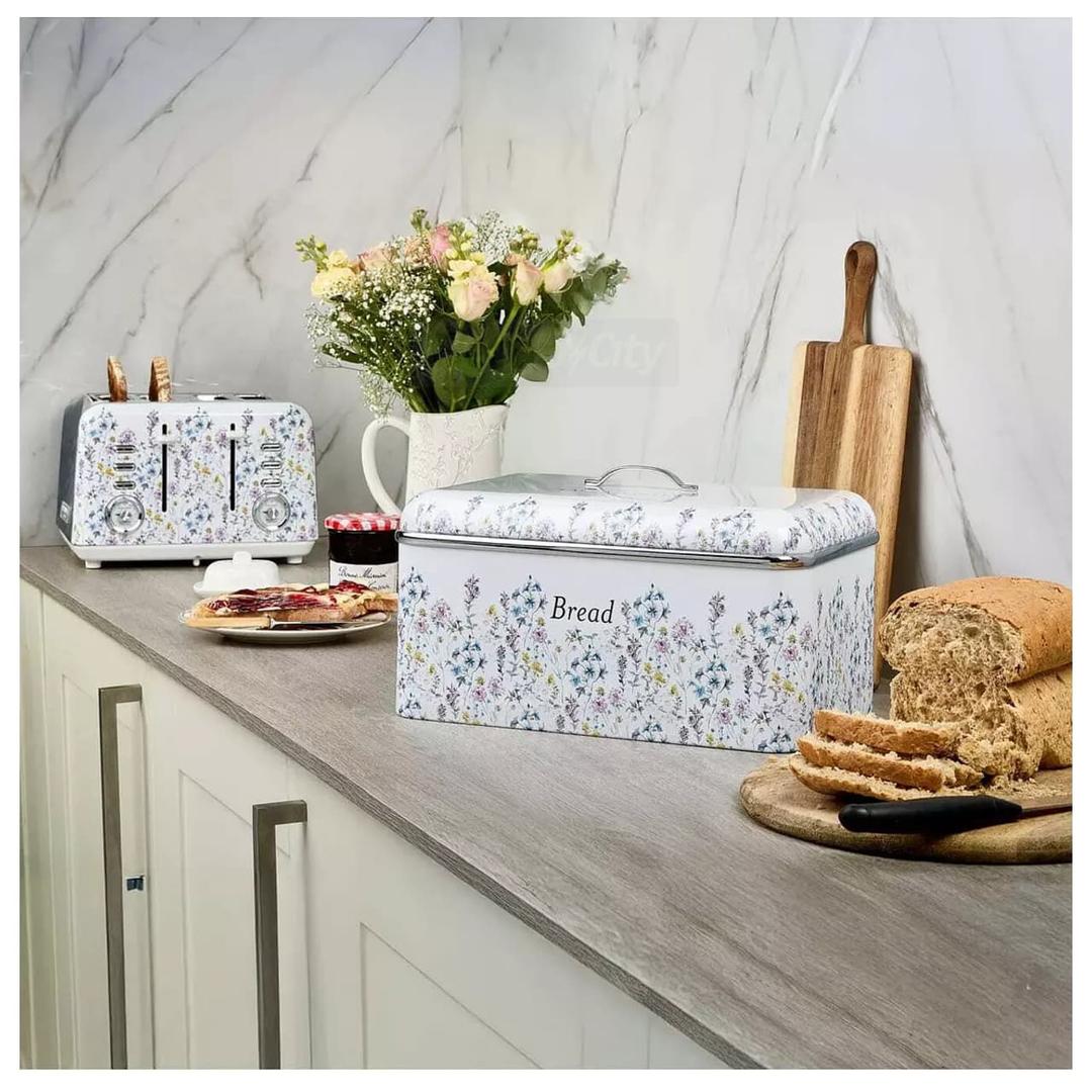 Laura Ashley Wild Meadow Floral Stainless Steel Large Bread Bin with Removable Lift-Top Lid