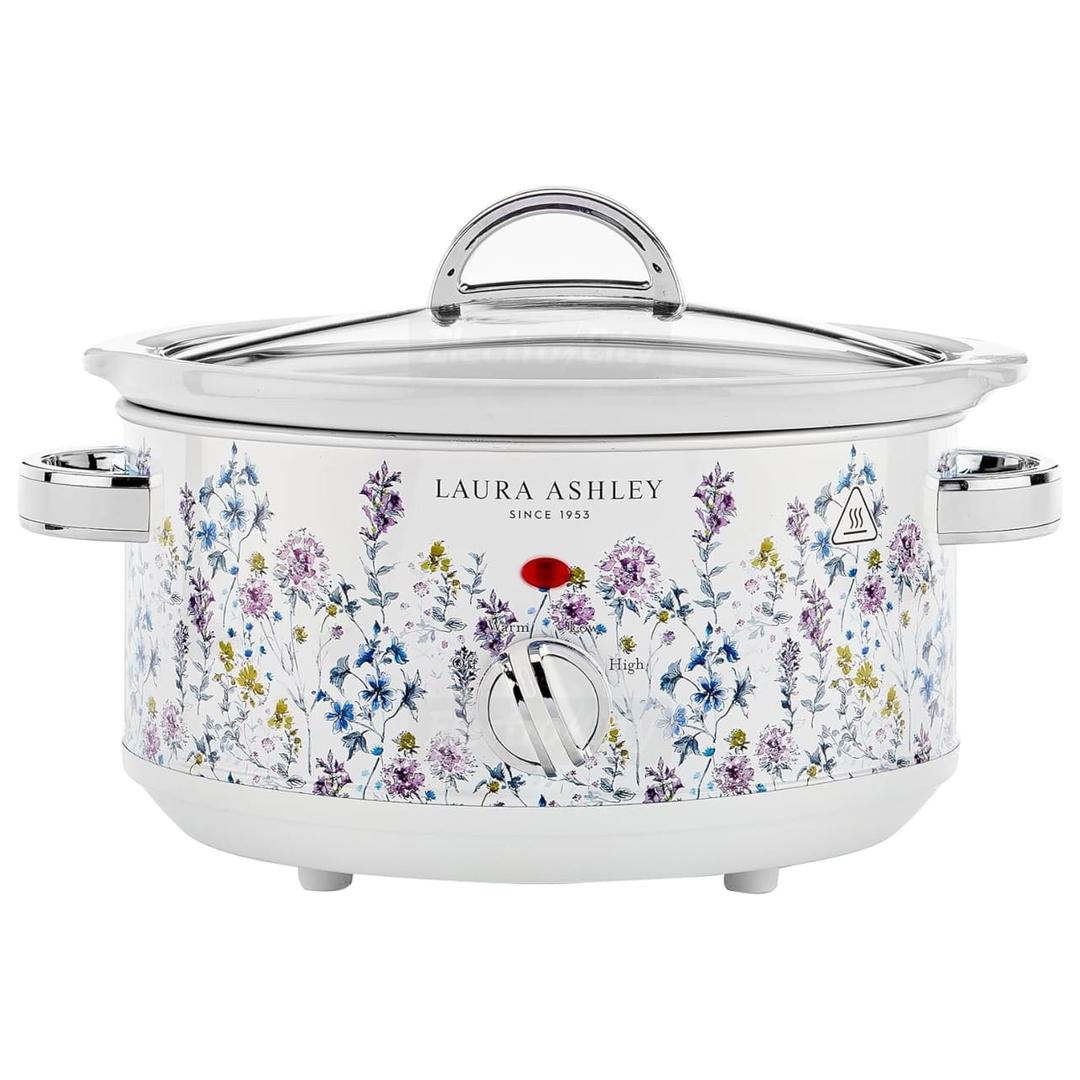 Laura Ashley 3.5L Wild Meadow Floral Slow Cooker with Glass Lid and Chrome Handles - Low, High, Keep Warm Settings