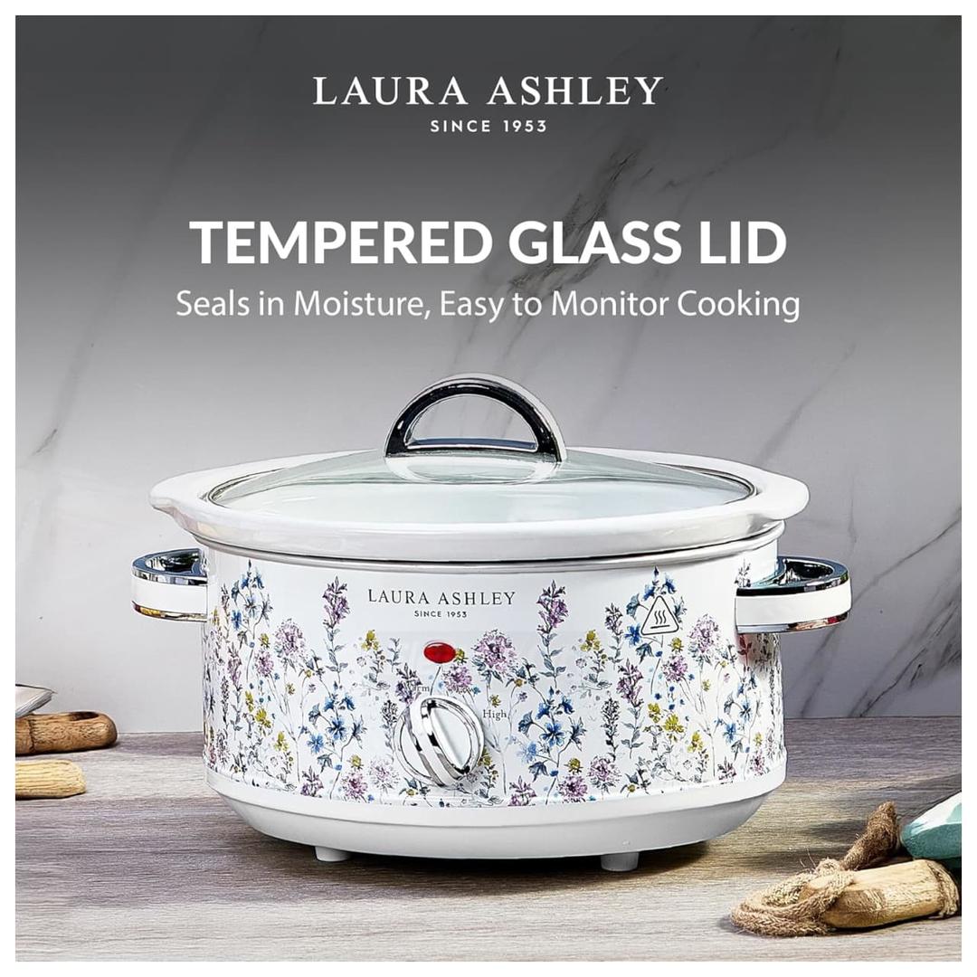 Laura Ashley 3.5L Wild Meadow Floral Slow Cooker with Glass Lid and Chrome Handles - Low, High, Keep Warm Settings