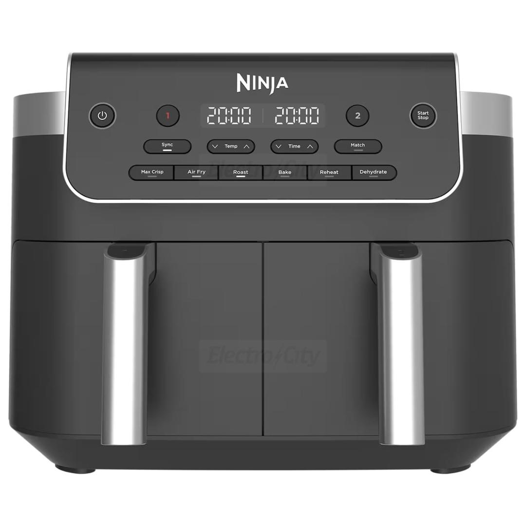 Ninja DualZone 7.6L 2-Drawer Air Fryer Black with 6 Cooking Functions - Max Crisp, Air Fry, Roast, Bake, Reheat, Dehydrate. Features Dual Drawers, Digital Display, Control Panel, Silver Handles.