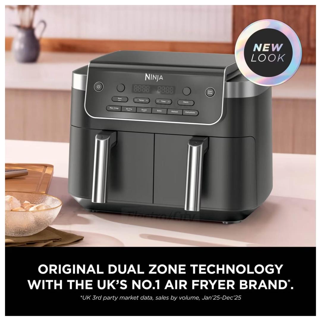 Ninja DualZone 7.6L 2-Drawer Air Fryer Black with 6 Cooking Functions - Max Crisp, Air Fry, Roast, Bake, Reheat, Dehydrate. Features Dual Drawers, Digital Display, Control Panel, Silver Handles.