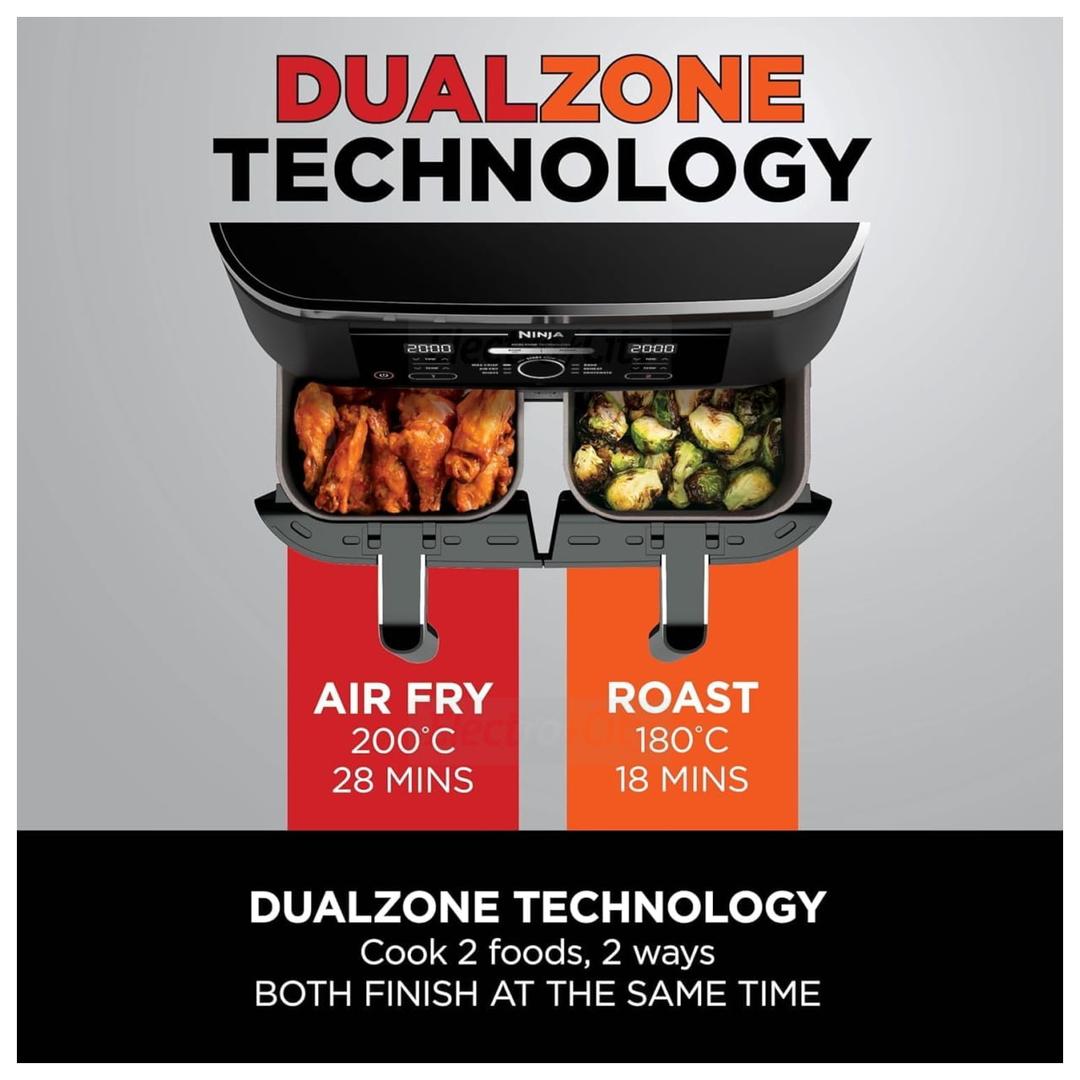 Ninja Foodi AF200UK 4-in-1 Dual Zone Air Fryer 7.6L Black with Digital Display and Dual Drawers
