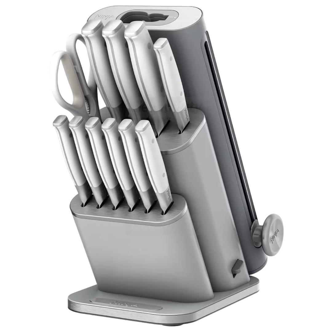 Ninja StaySharp 13-Piece Knife Block Set with Built-in Sharpener | White/Grey | German Stainless Steel | 10-Year Guarantee