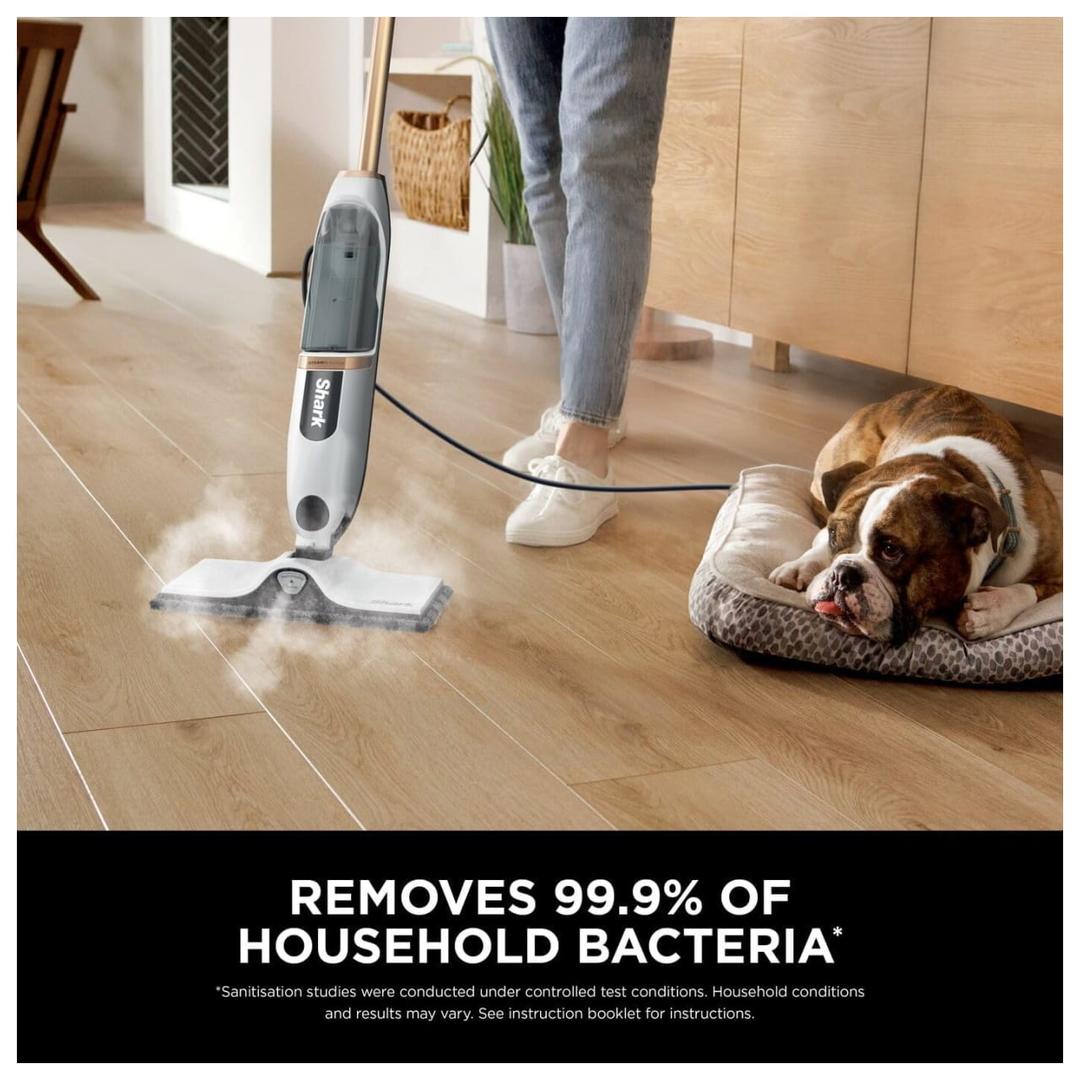 Shark SteamSpot S2001UK Steam Mop with Steam Blaster Technology - Lightweight, 3 Modes, 2x Dirt Grip Pads, 2.2kg, White/Copper