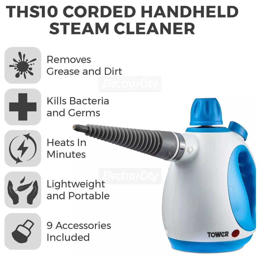 Tower THS10 Handheld Steam Cleaner Blue 9 Accessories 1050W 105°C 3 Min Heat Up 10 Min Runtime 250ml Tank 3m Cord