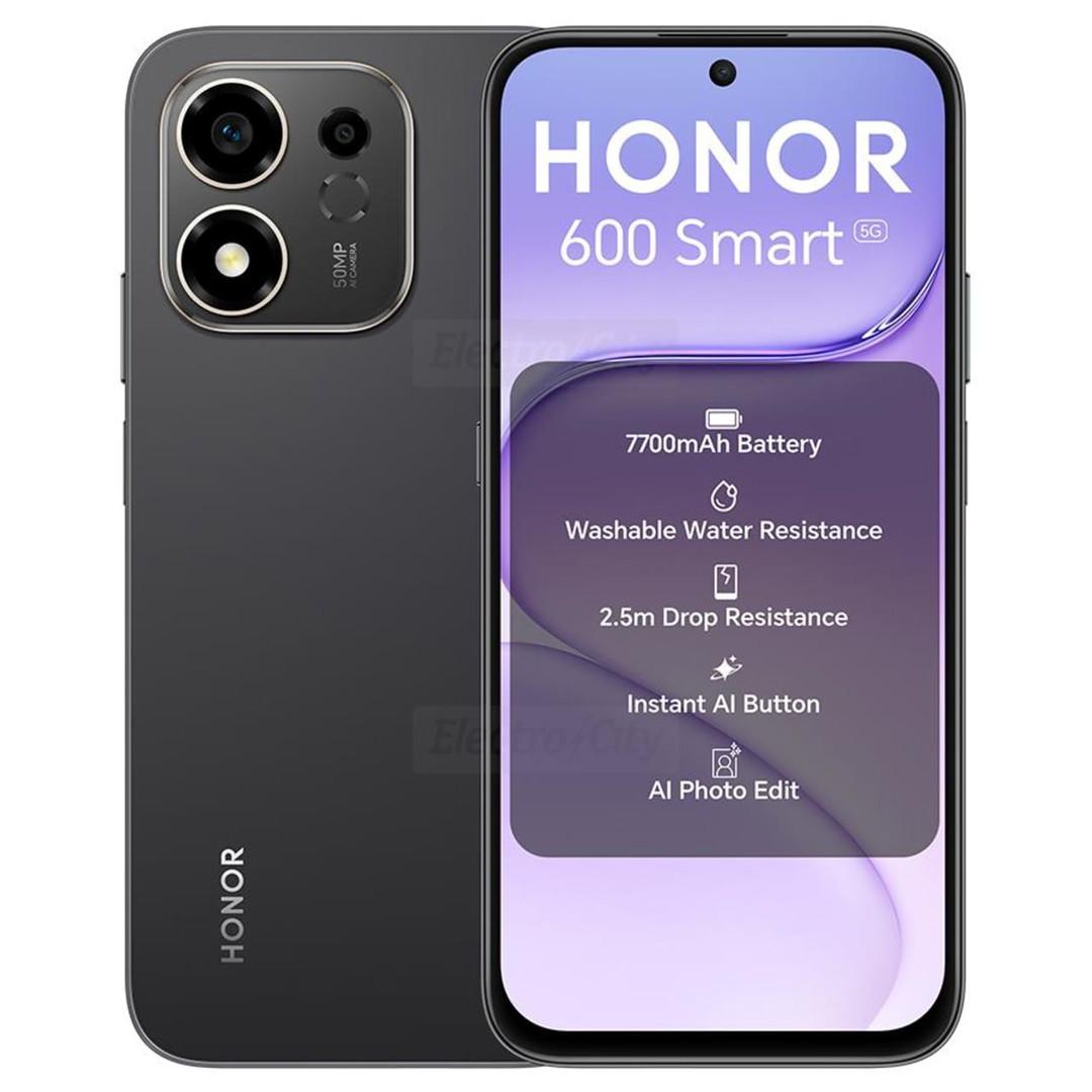 Honor 600 Smart 5G Smartphone 128GB Black 6.8 Inch 7700mAh Battery Washable Water Resistance 2.5m Drop Resistance 50MP Camera Dual SIM Android 16.0 USB Type-C 4GB RAM