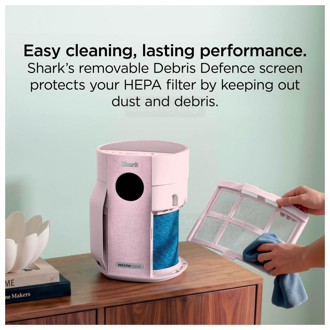 Shark BreatheClear Compact Air Purifier NeverChange6 HEPA Blush 27m² 20W 2.58kg 23.32x23.72x29.31cm Air Sense Anti-Odor Quiet Night Mode Motion Light Detection Pink Digital Display 100% Air Quality