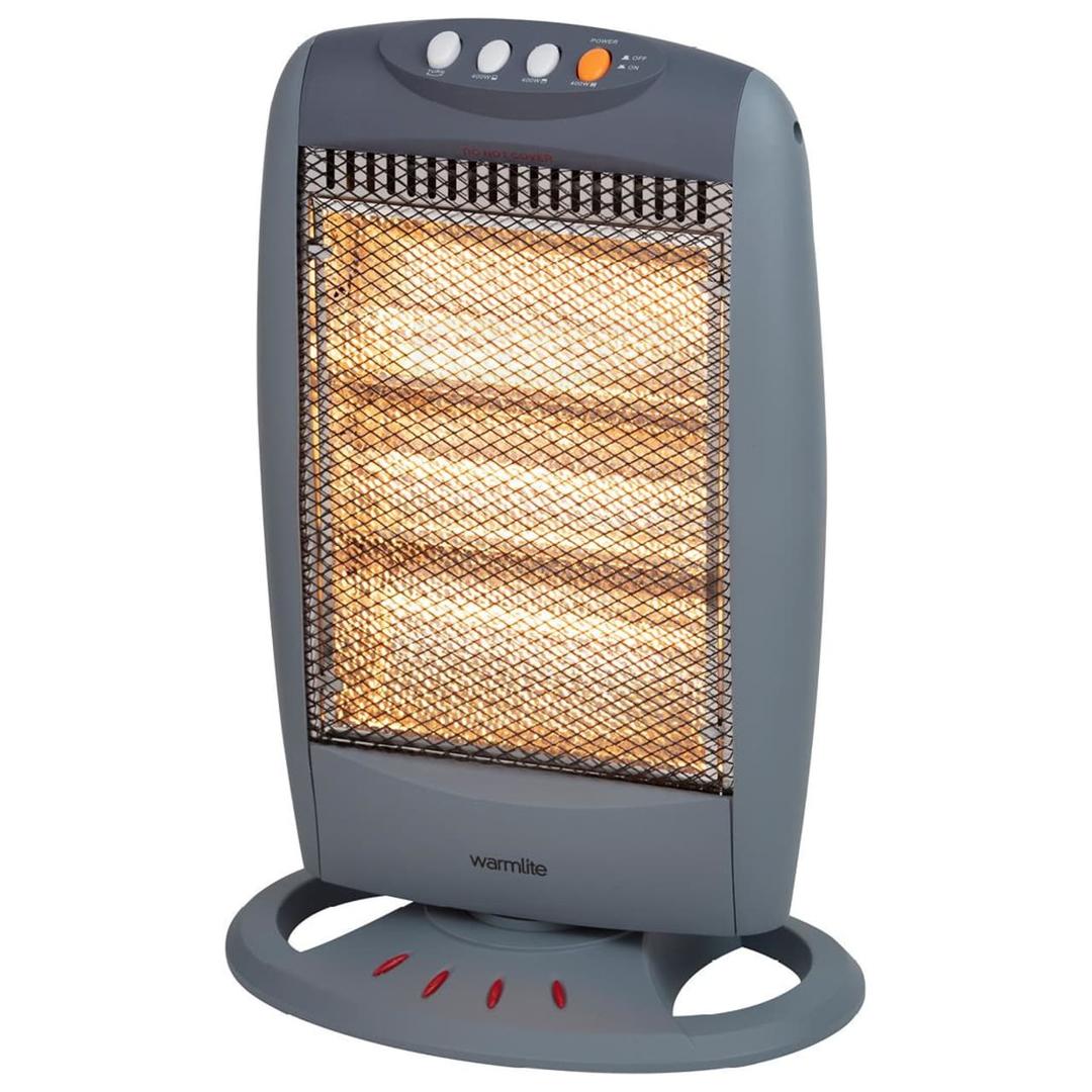 Warmlite 1200W Portable Oscillating Halogen Heater with 3 Heat Settings, Safety Features, and Grey Finish