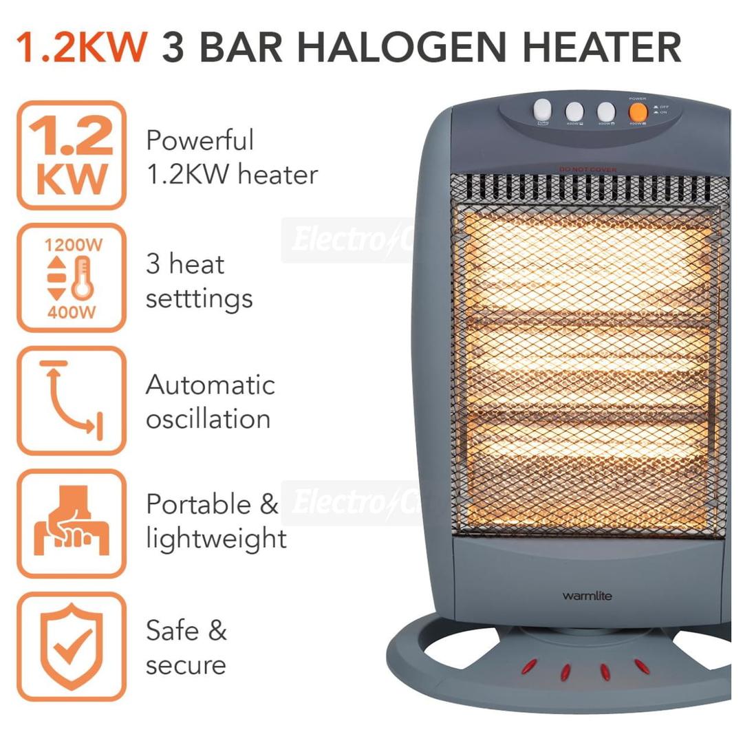 Warmlite 1200W Portable Oscillating Halogen Heater with 3 Heat Settings, Safety Features, and Grey Finish