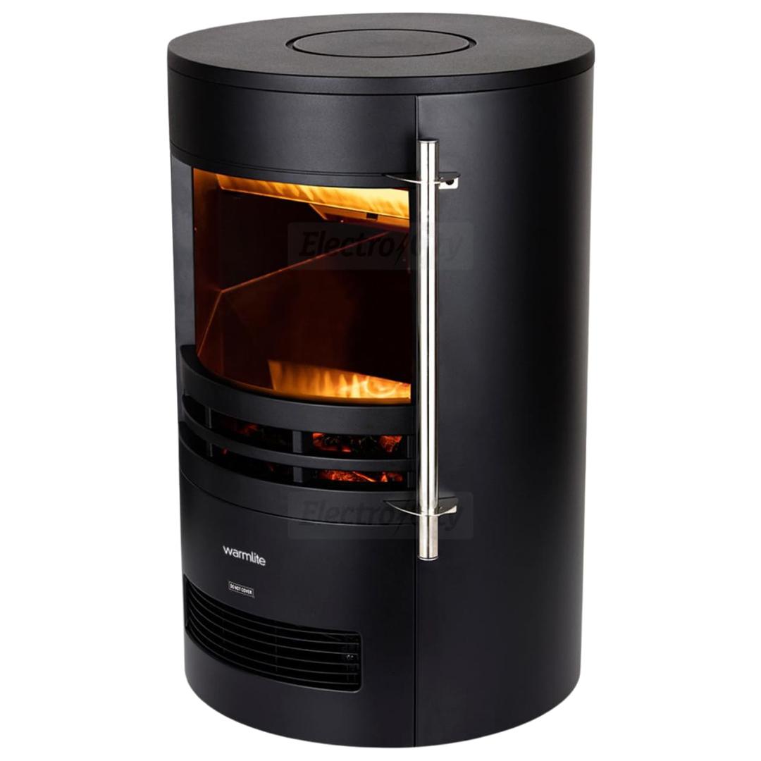 Warmlite Elmswell 2000W Round Contemporary Flame Effect Stove Black with Adjustable Thermostat and LED Flame Effect